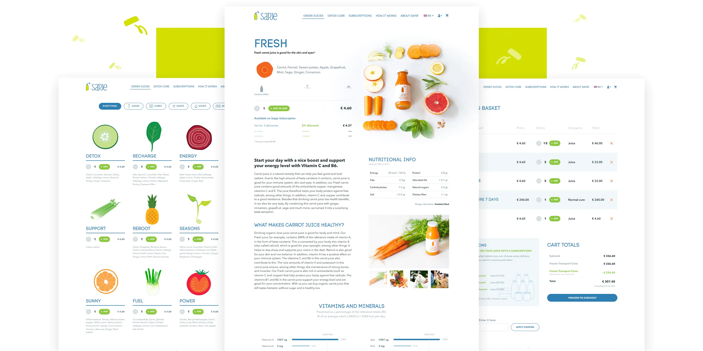 Screenshots of the various SAPJE pages: one with the list of available products, another with the details of one of the juices, and another with the shopping cart.